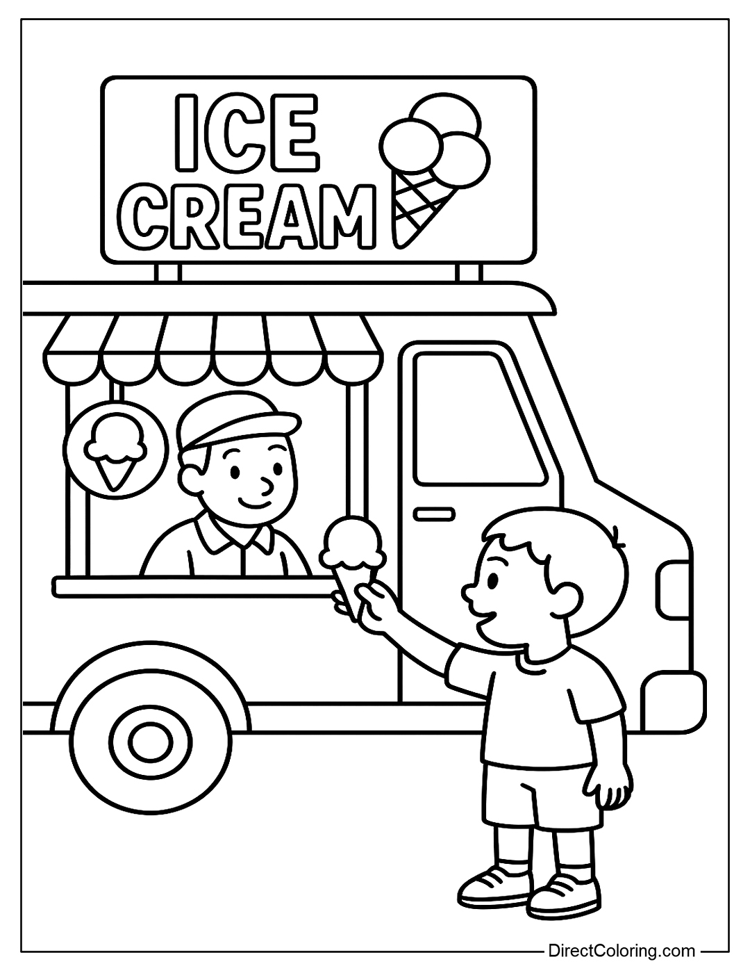a coloring page of a mini ice cream truck, with a sign, open door, ice cream cup hanging for decoration. A boy is buying ice cream.